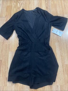 Zara The Traealuc Collections Black SuedeShort Sleeve Romper with Front Pockets